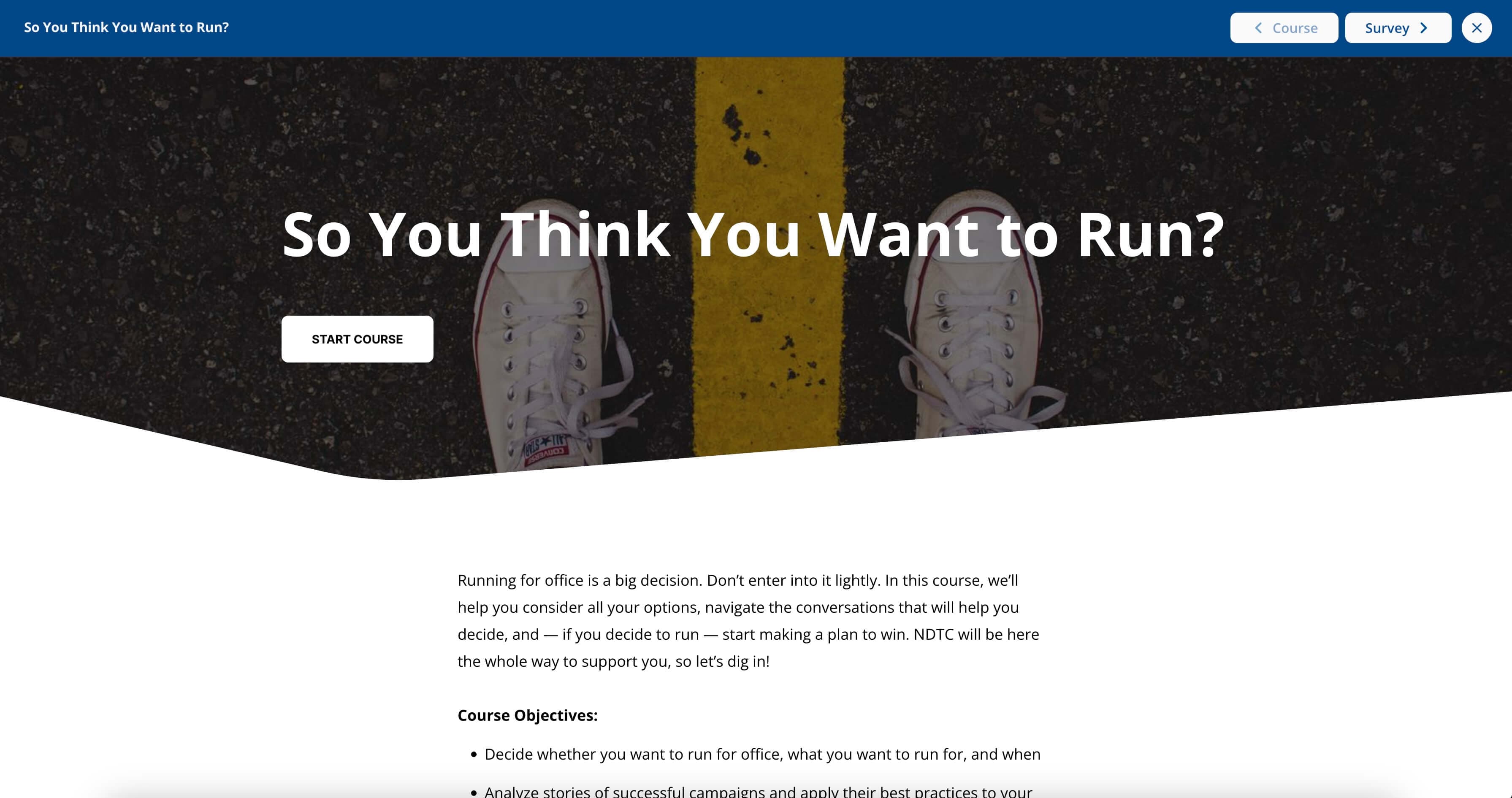 Landing page of NDTC’s So You Think You Want To Run online academy course with a picture of tennis shoes on a road.