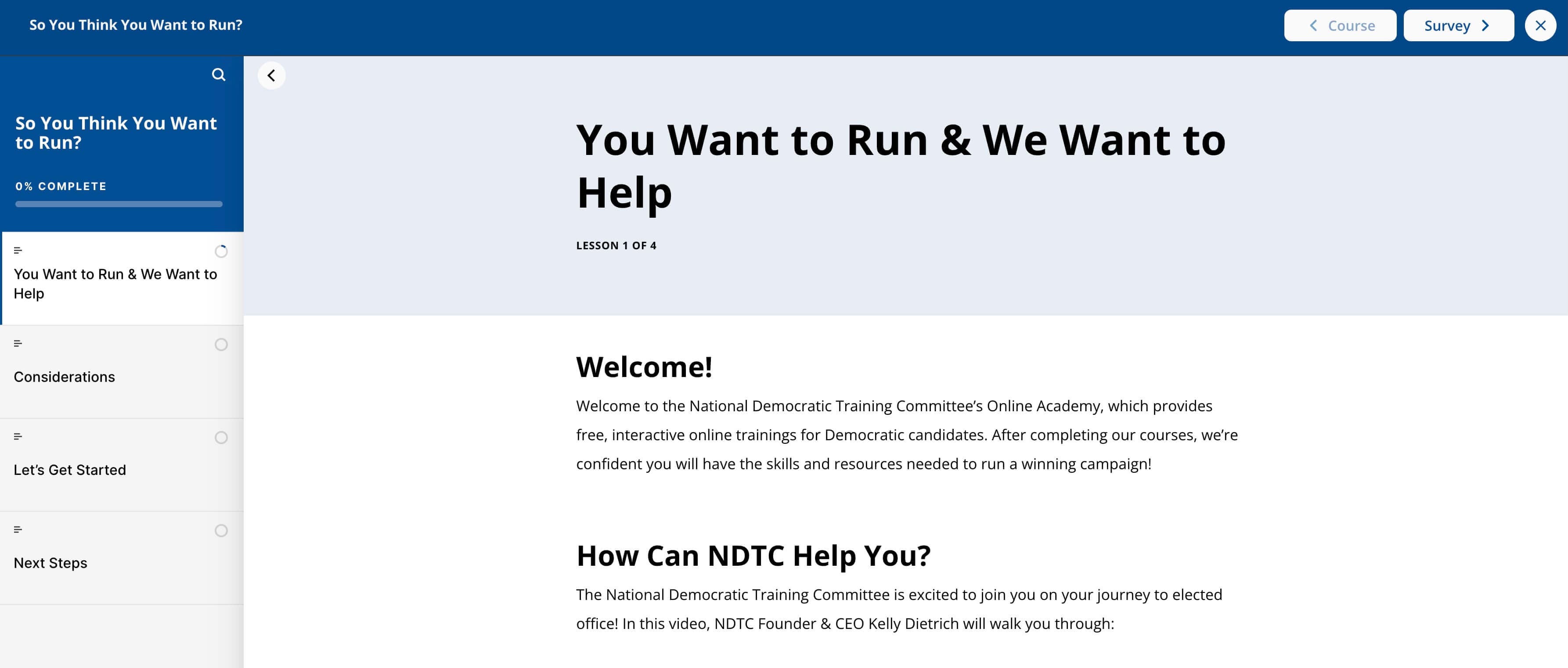 Text of first self-paced course of So You Think You Want To Run online academy course that says “You Want To Run & We Want To Help.”
