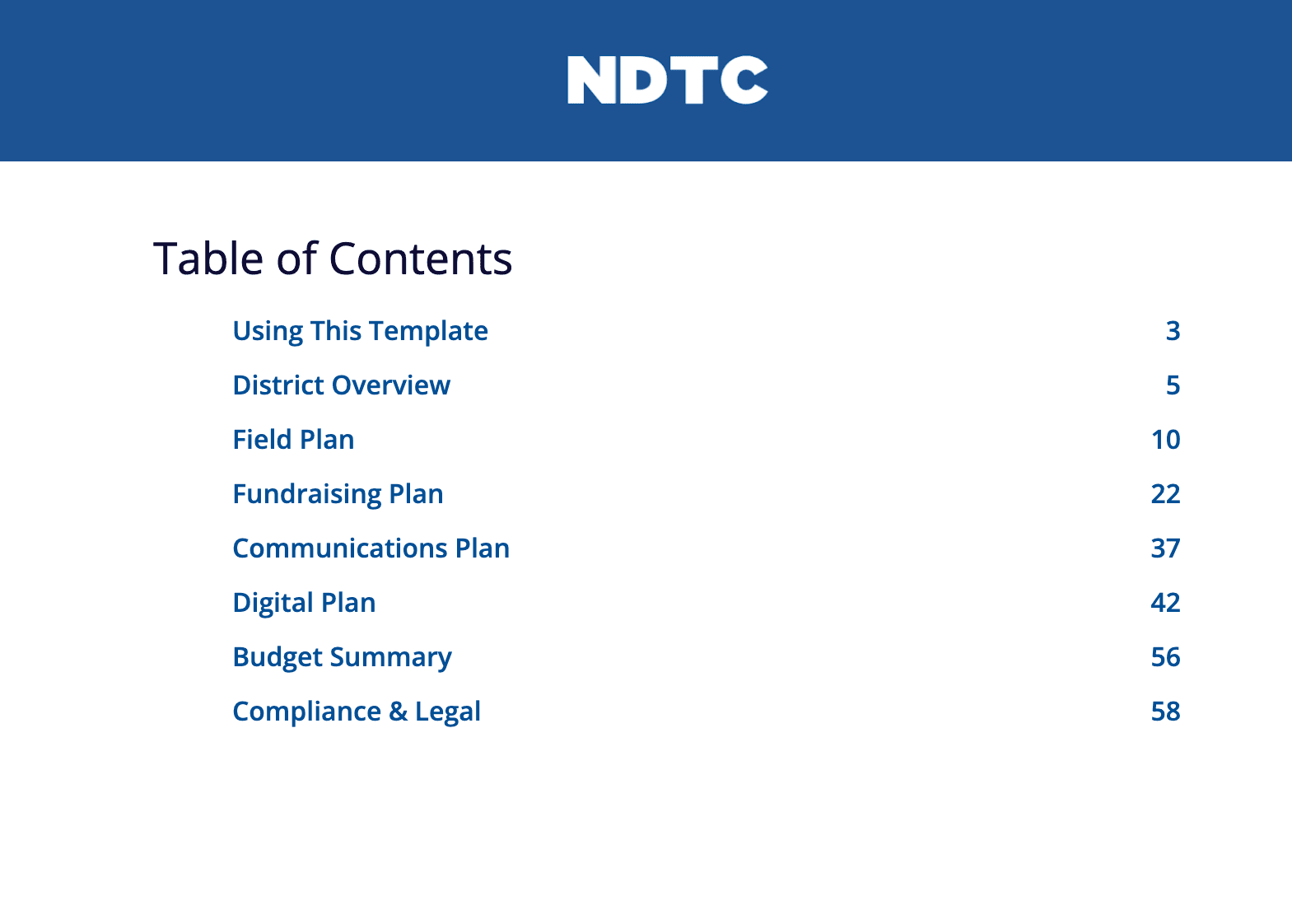 NDTC campaign plan table of contents