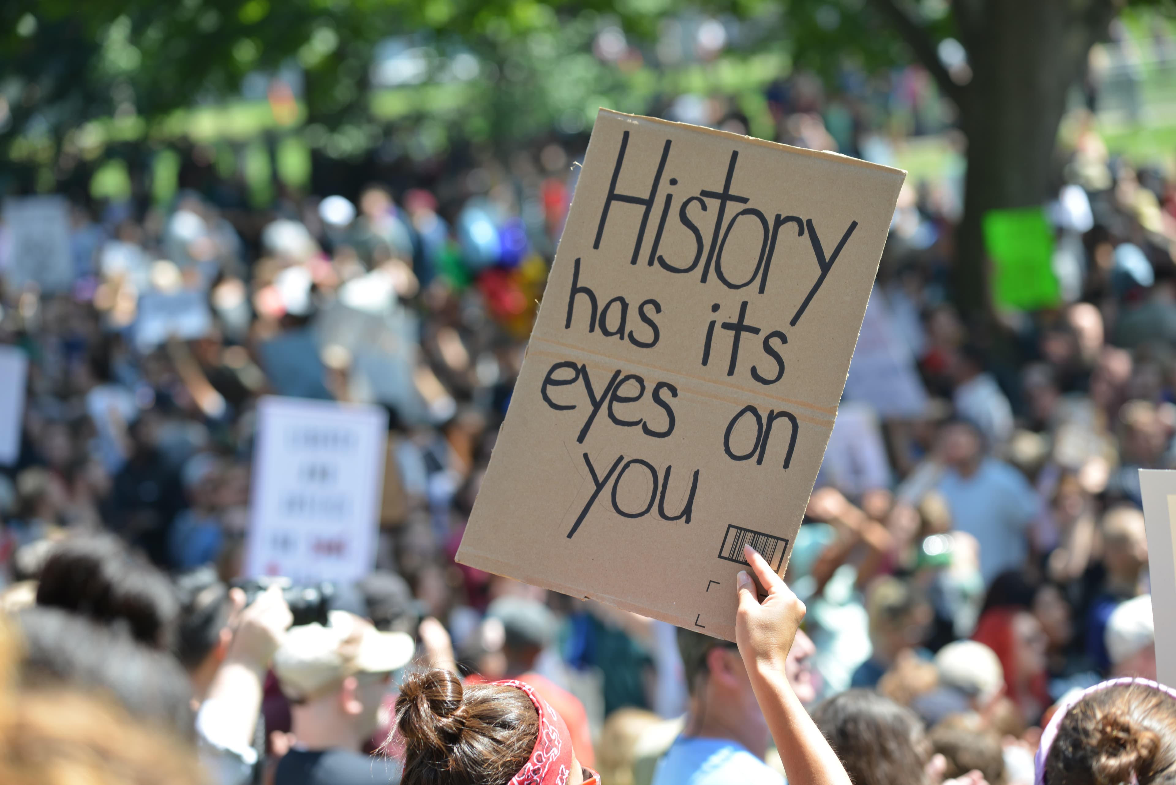 “History has its eyes on you” sign at protest